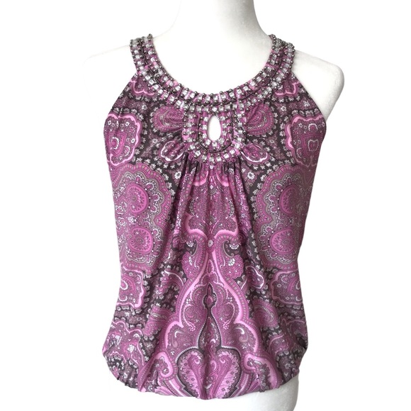 Macy’s INC Pink Paisley Sleeveless Crystal Studded Top Blouse - Picture 9 of 9